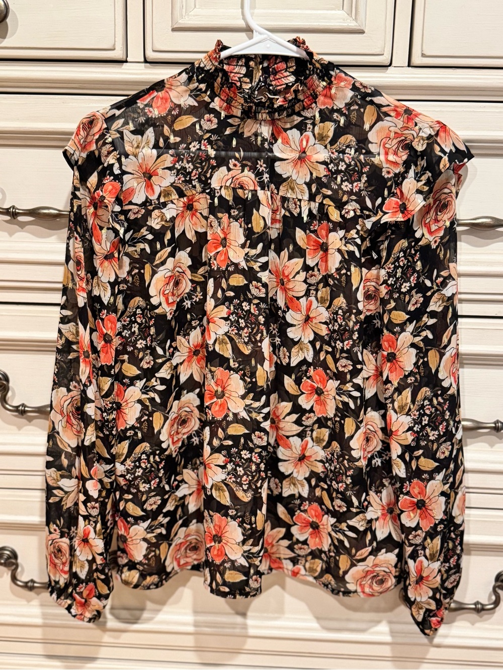 Maurices Black Floral High-Neck Blouse with Coral & Cream Flowers